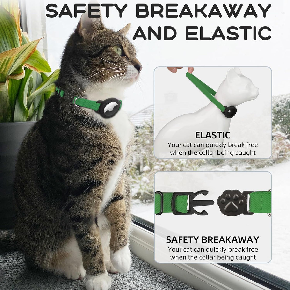 AirTag Cat Collars, Stretchy Collar with Air Tag Holder and Bell – Essentials for Cats - Dark Green - image 4