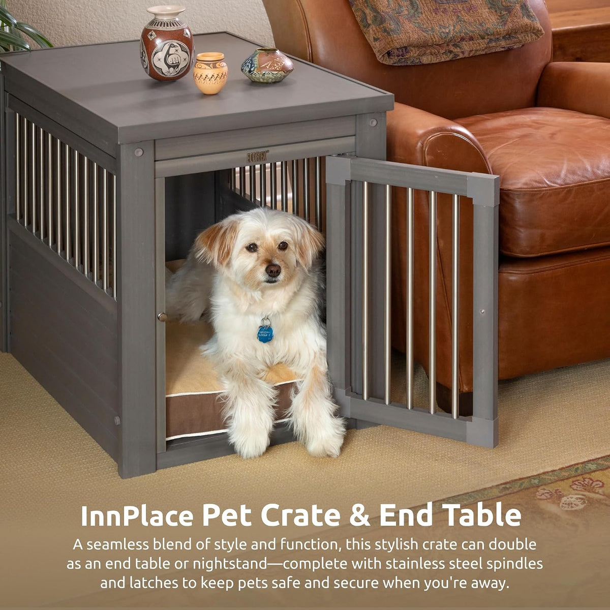 New Age Pet ECOFLEX Large Furniture Style Dog Crate & End Table - Grey / 29.5"L x 21.1"W x 25.2"H - image 2