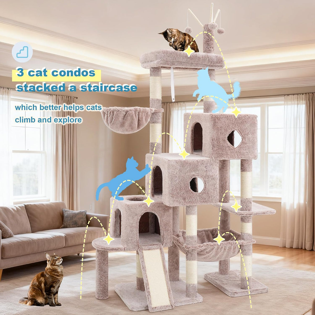 Hey-brother Cat Tree Tower with 3 Condos - 74.8 inches / Muchroom - image 3