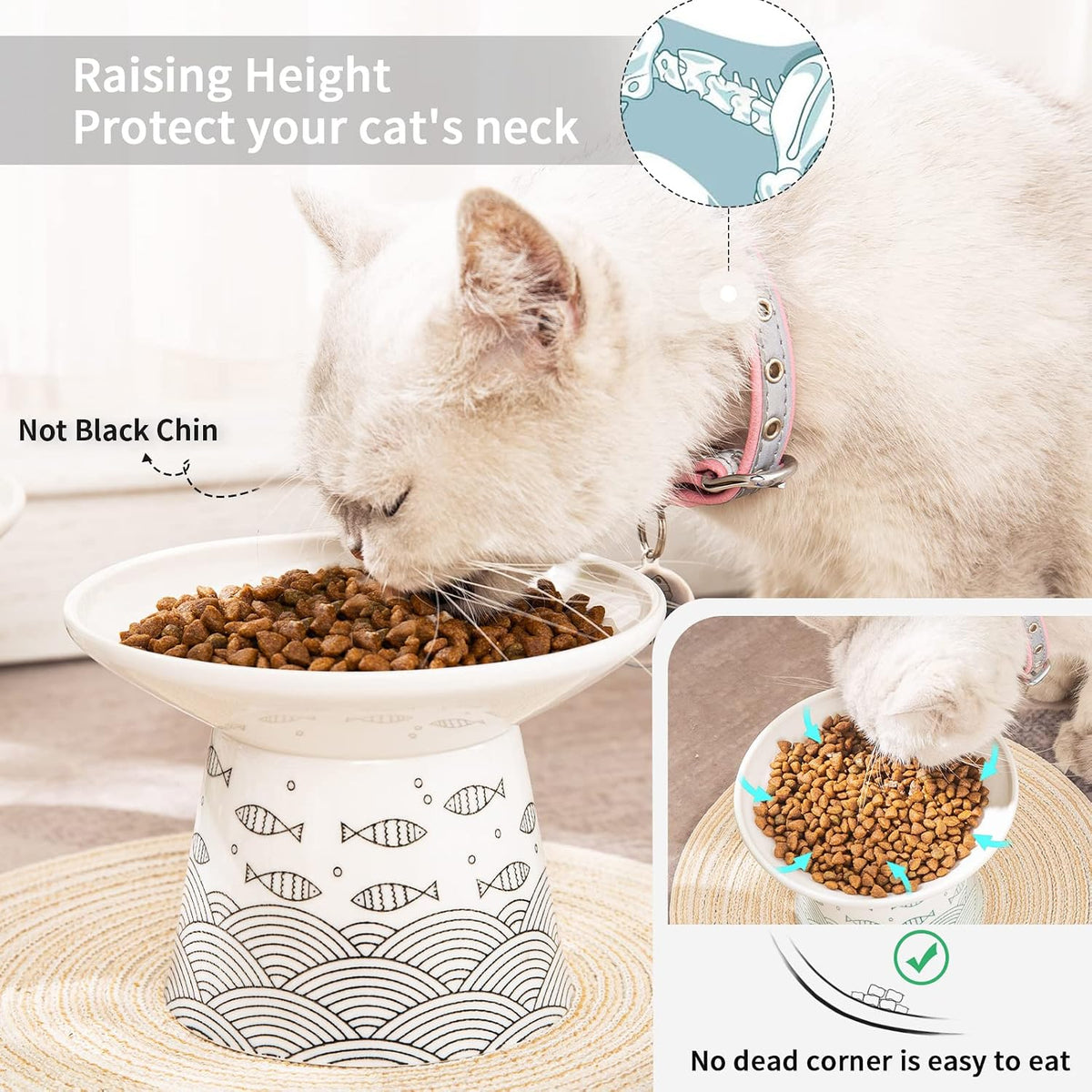 6.5 Inch Extra Wide Ceramic Elevated Cat Bowls - Black & Green Fish - image 4