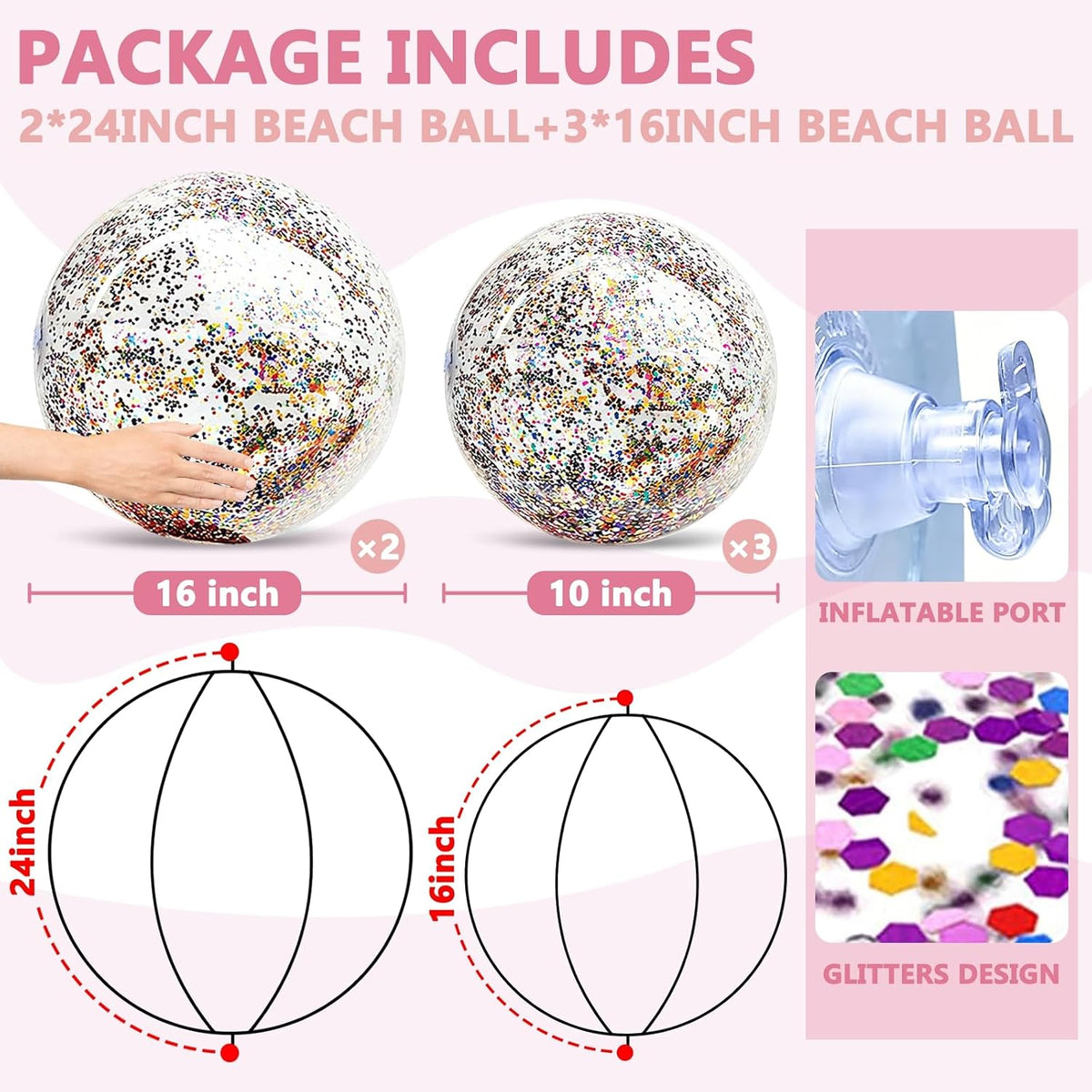 TURNMEON 5 Pack Sequins Beach Balls 16 Inch 24 Inch Pool Party - Mixed color / 2 pcs 24inch+3 pcs 16inch - image 3