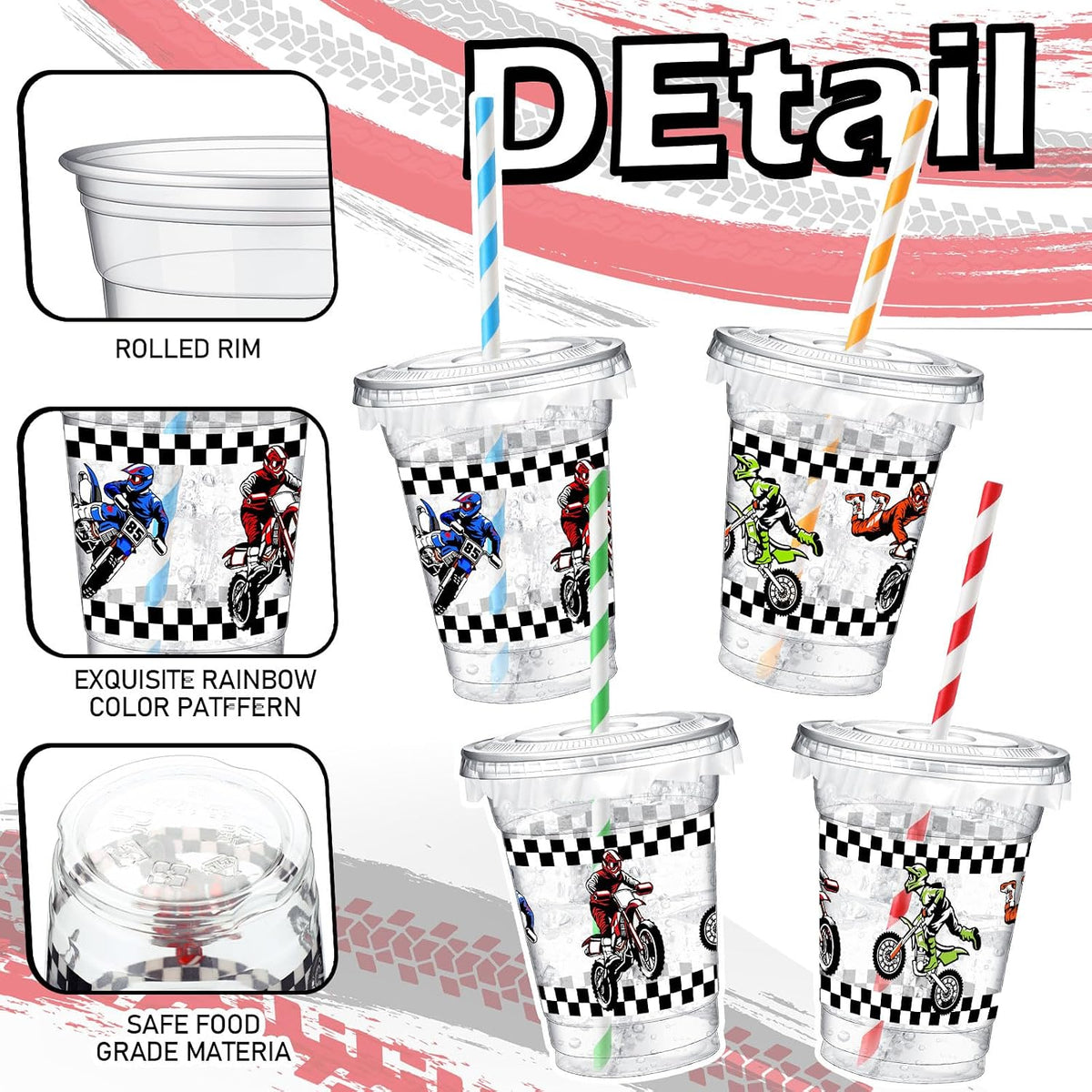 Teenyyou 12 oz clear plastic party cups with dirt bike design, lids and paper straws - view 23