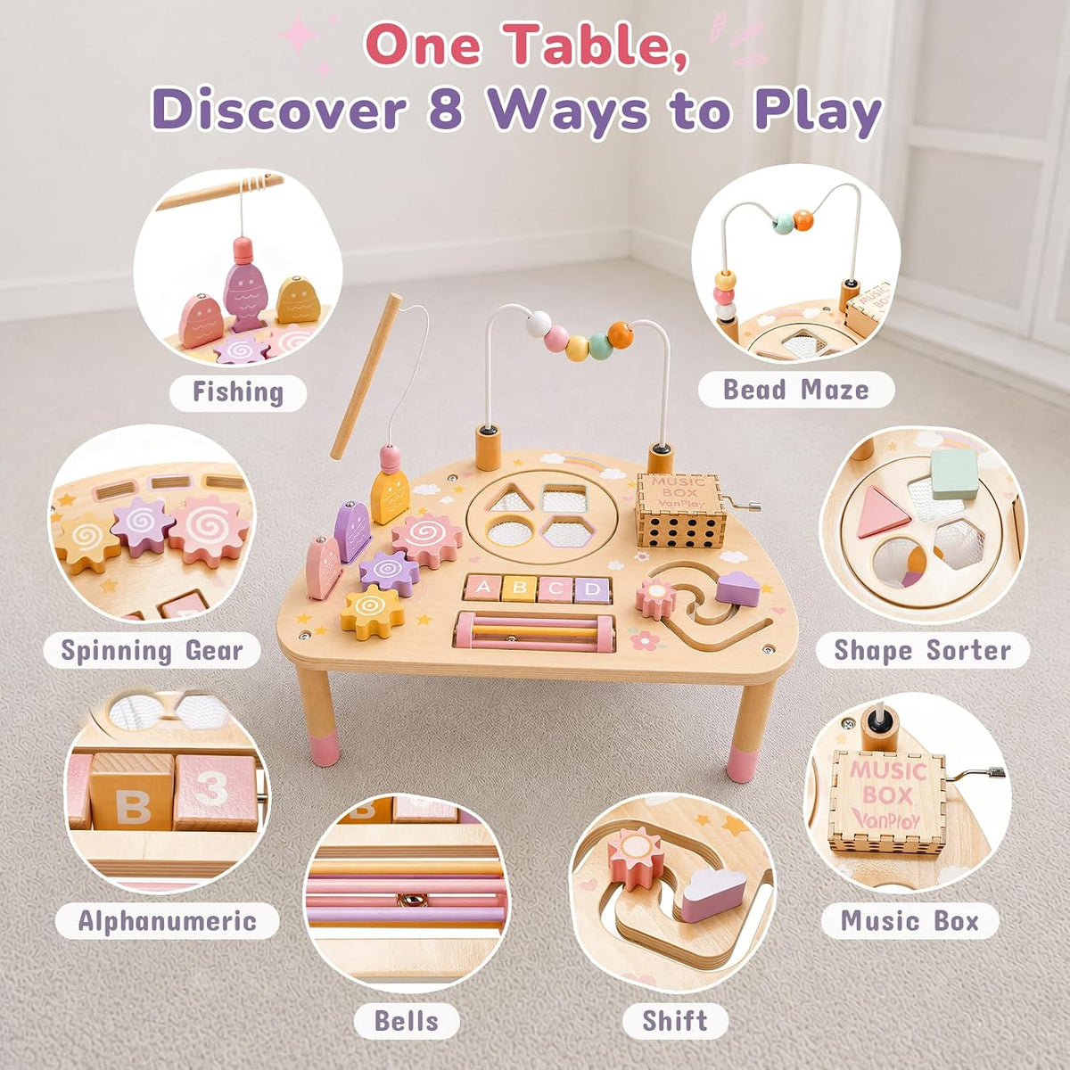 Vanplay 8 in 1 Wooden Activity Table - 8-In-1 Pink Colors - image 3