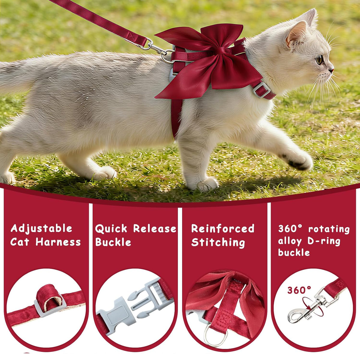 Tensho Pink Bow Cat Harness and Leash Set, Escape Proof - Red Bow / S - image 2