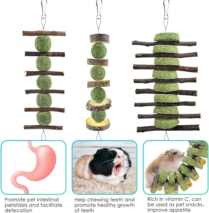 ERKOON Bunny Chew Toys, Rabbit Chew Toys for Teeth Grinding, Improve Dental Health, 100% Natural Apple Wood Timothy Grass Cake Treats for Rabbits Guinea Pigs Chinchillas Bunnies Hamsters (3 Pcs)