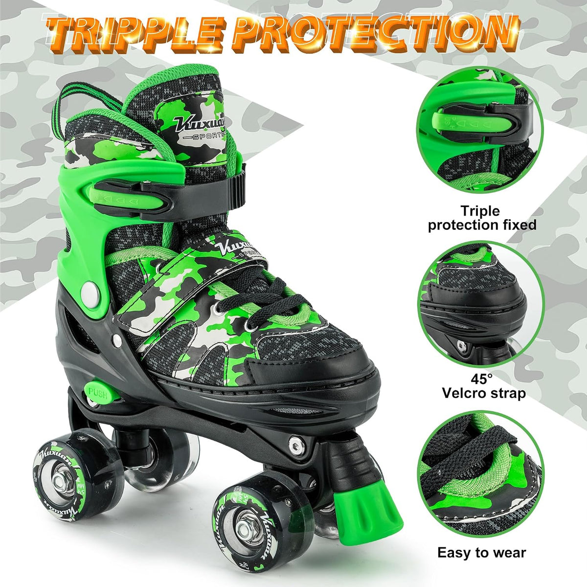Kuxuan Adjustable Roller Skates with Fun Illuminating Rollerskate - Camo Green / Large - Youth(4-7US) - image 4