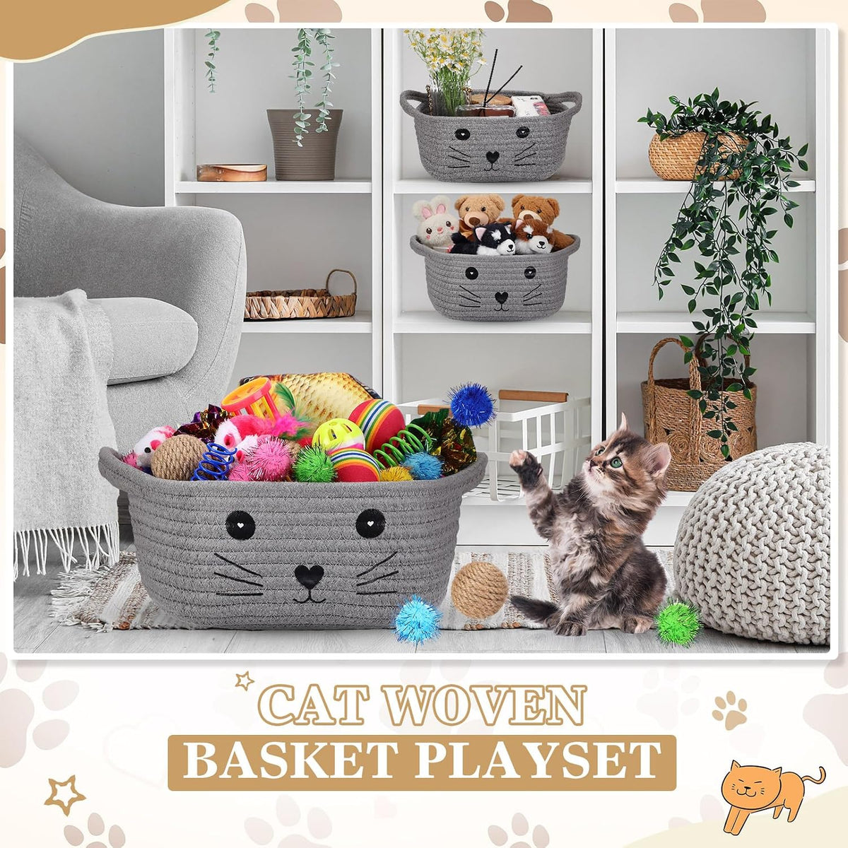 Zopeal 58 Pcs Cat Toy Set with Storage Basket Indoor, Grey - Gray / 9.8 Inch - image 4