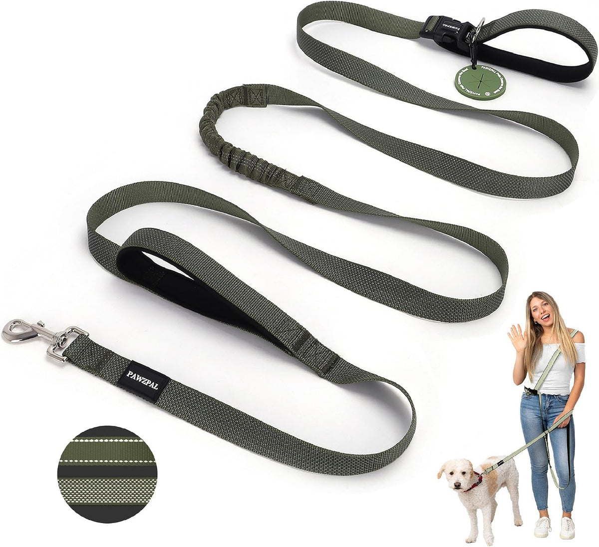 Hands Free Dog Leash, Waist & Crossbody 2-in-1 for Jogging & Hiking – Essentials for Dogs - Olive Green / Large (8–10FT)