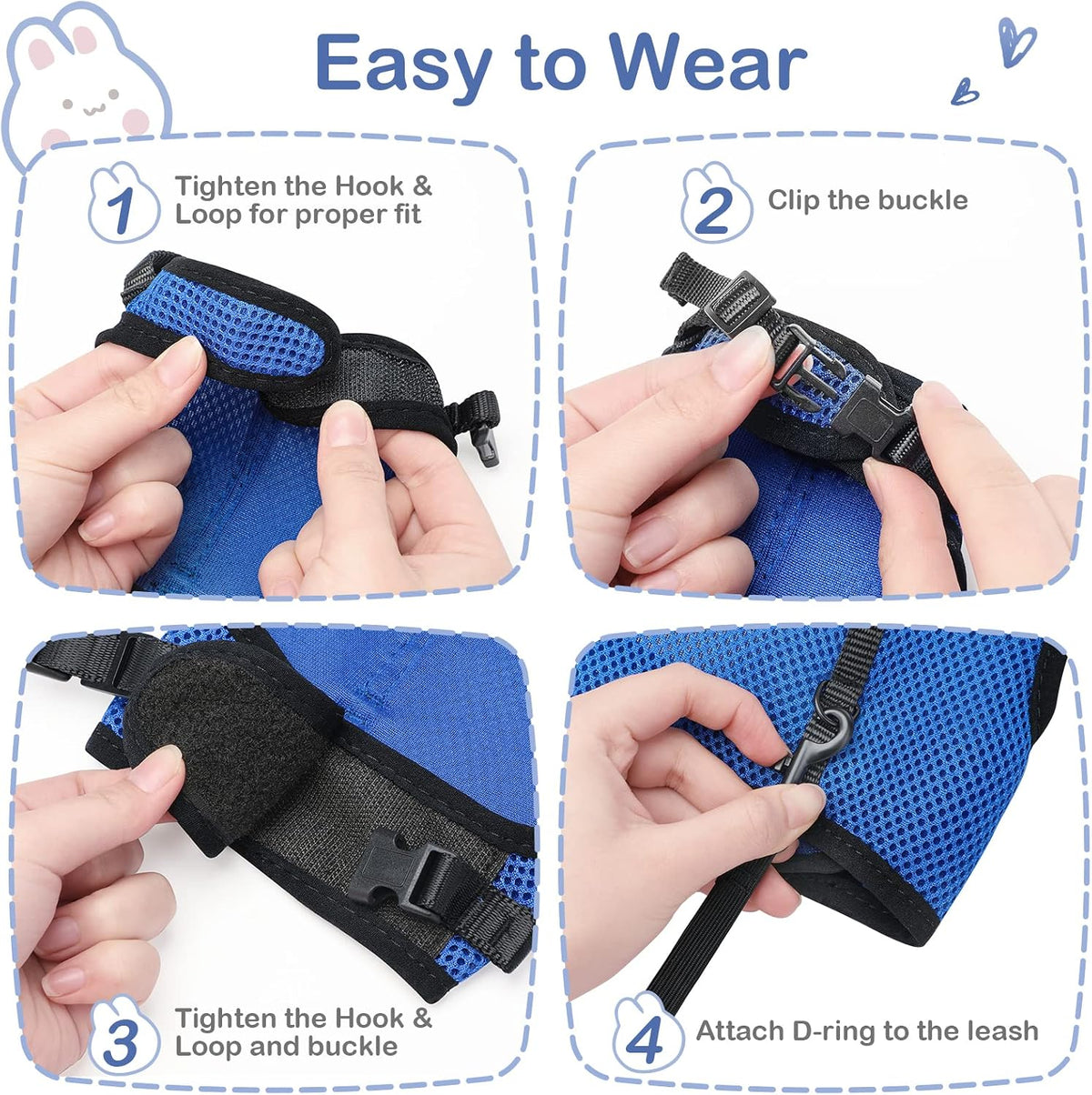 PETTOM Bunny Rabbit Guinea Pig Harness Stretchy Elastic Leash Cute - XL(Chest:12.5-15.7 in) / Blue - image 3