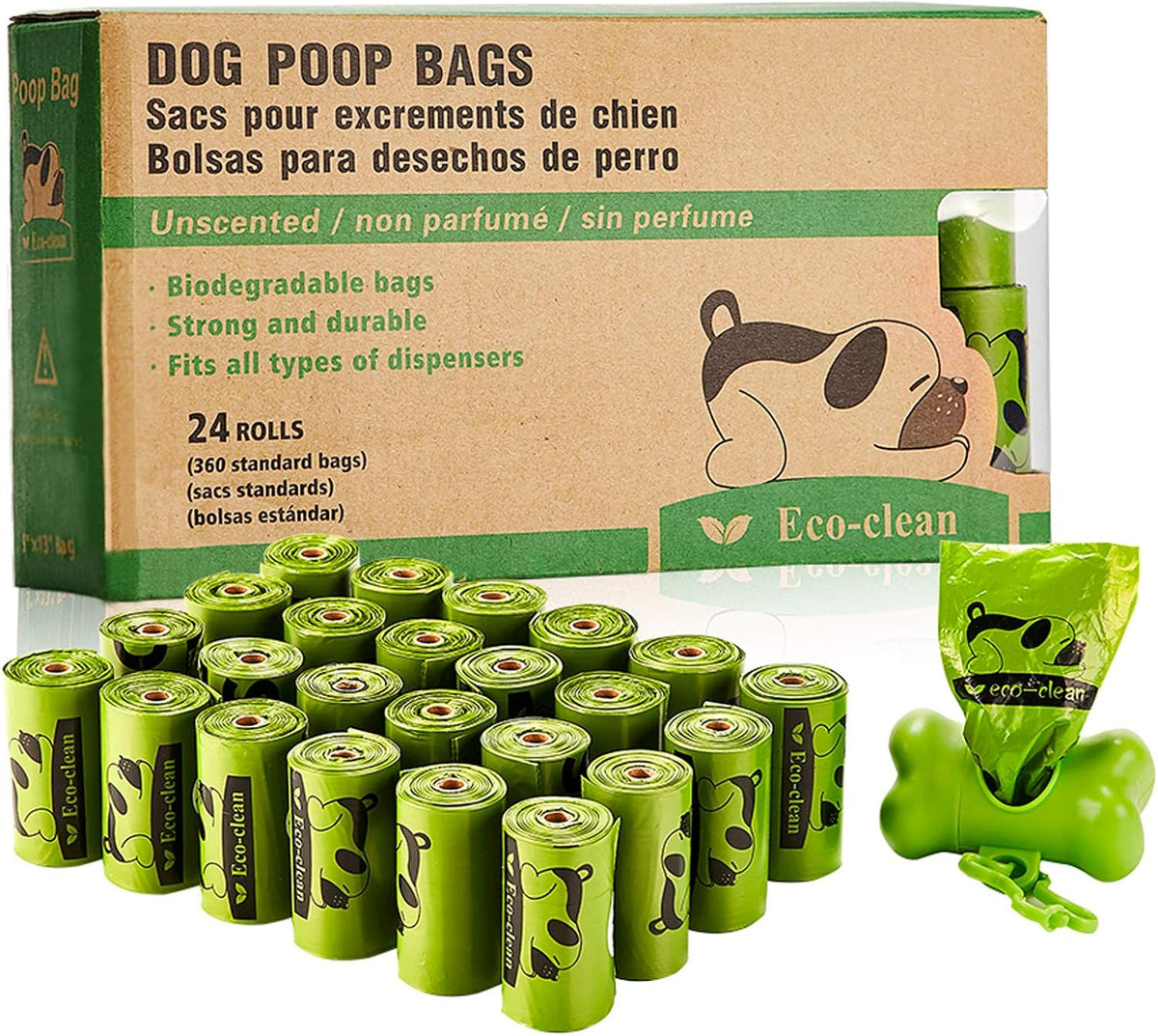 ECO-CLEAN Dog Poop Bags, 24 Rolls/360 Bags with Dispenser – Essentials for Dogs - Green