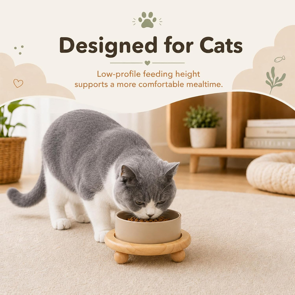 Cat Bowls Set of Two, 5.1” Ceramic Cat Food Bowls - Greige / Bowl+Tray - 6.1" - image 3
