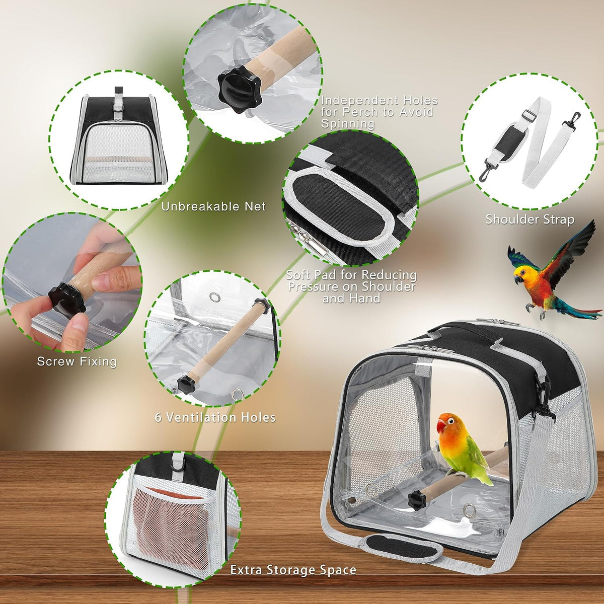 Small Bird Carrier, Large Window Travel Cage with Stand and Easy Clean Tray for Parrot Parakeet - Black - image 3