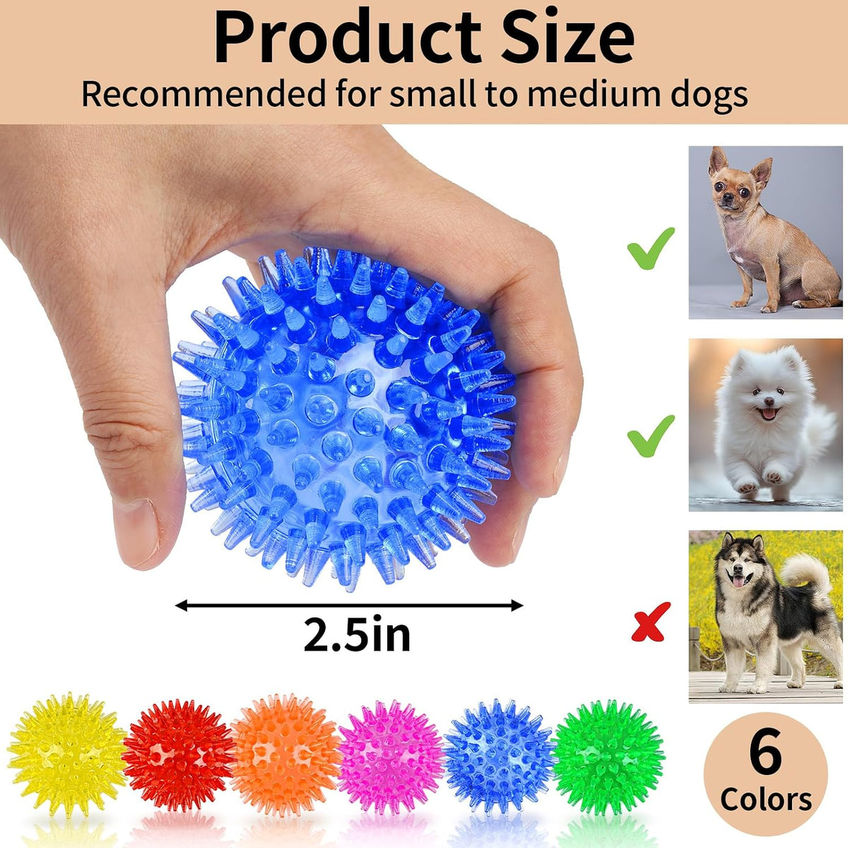 6 Pack Squeaky Spiky Dog Balls, Puppy Chew Toys for Teething - Small - image 2