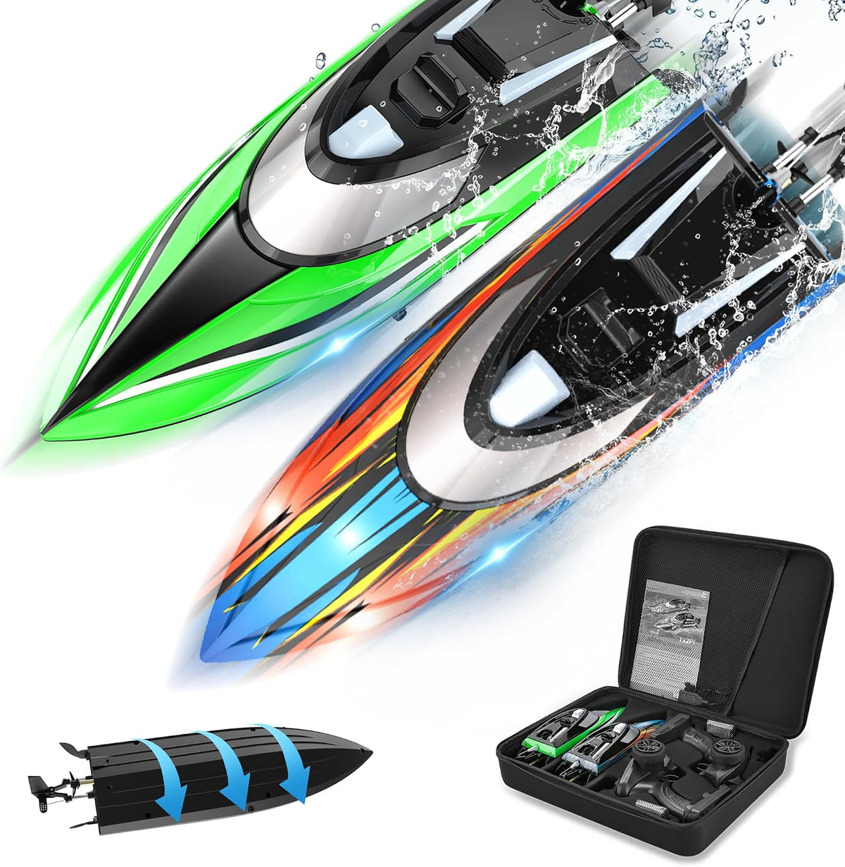 BEZGAR TX2P1,2 Packs 30 KPH RC Boats with Suitcase for Kids – Fun for Kids & Family - Green