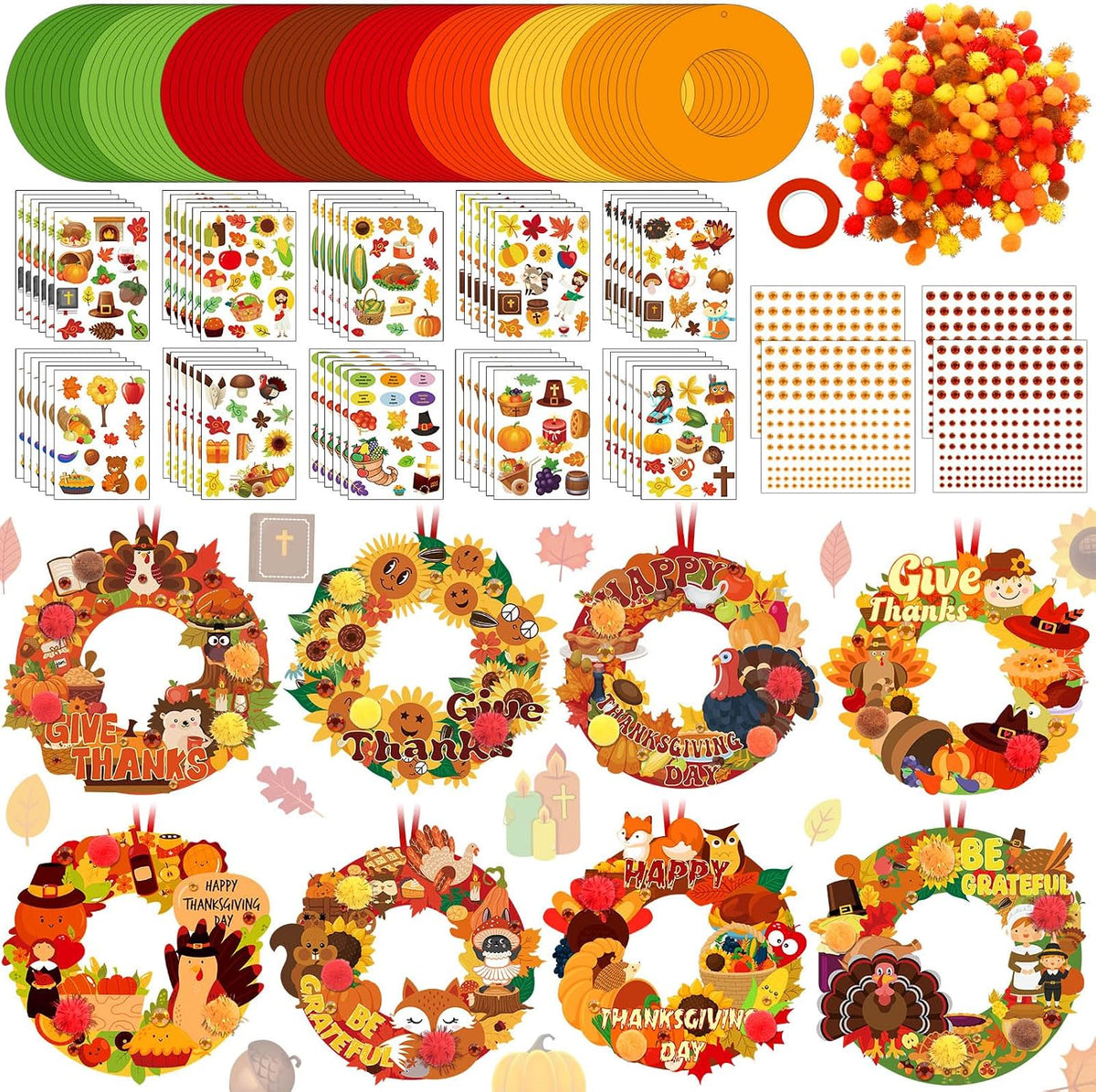 Hollowfly Thanksgiving paper wreath craft kits with gem stickers, ribbons and wool balls - view 10