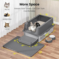 Stainless Steel Cat Litter Box - Enclosed XL Metal Kitty Litter Box with Lid for Big Cats, High Sided, Anti-Leakage, Easy Cleaning, Non-Sticky, Included Litter Mat, Cat Bowl & Spoon