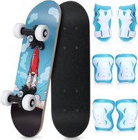 Honoson kids skateboard set with dinosaur print maple deck and black knee pads, elbow pads and wrist - view 4