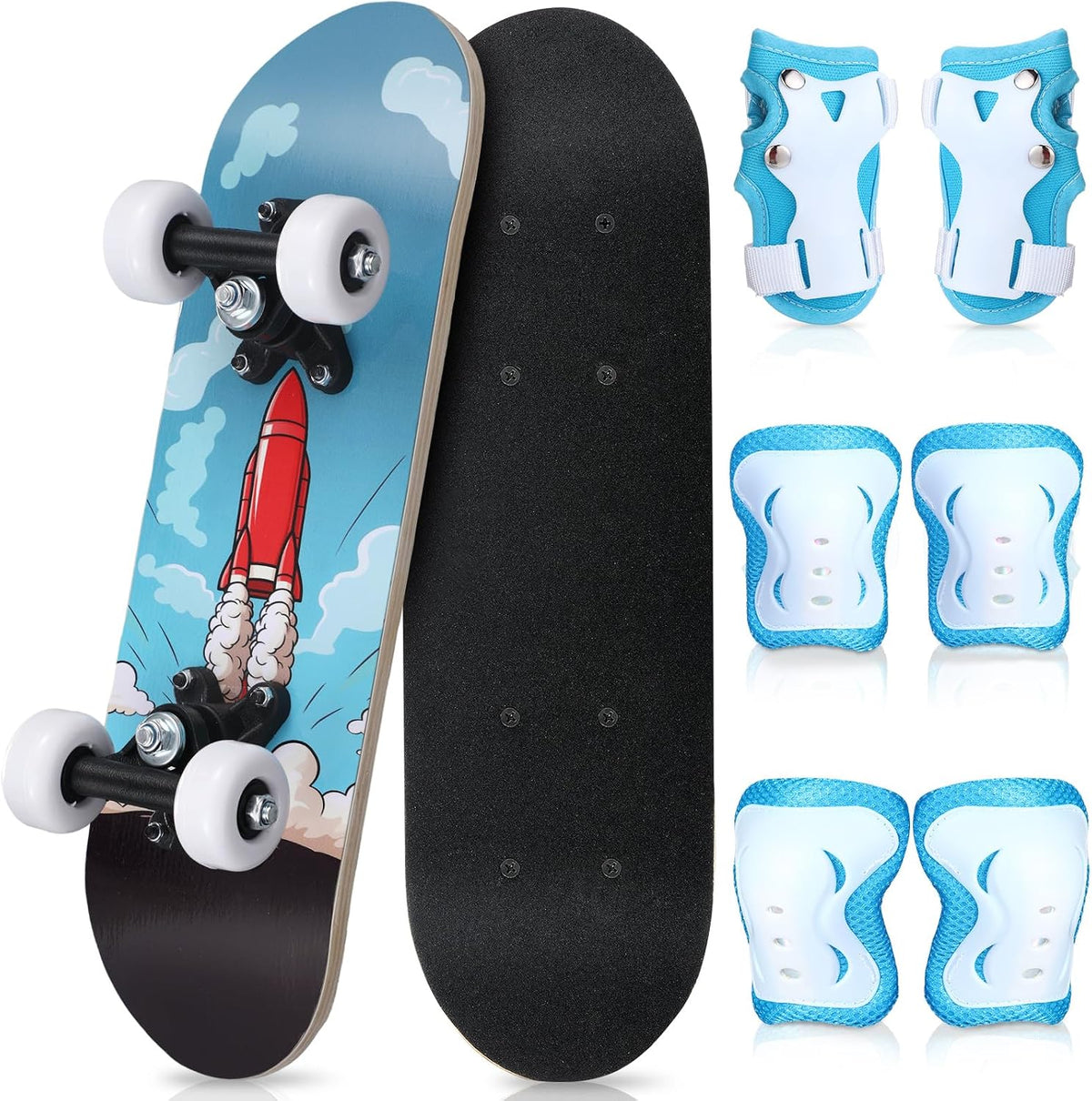 Honoson kids skateboard set with dinosaur print maple deck and black knee pads, elbow pads and wrist - view 4