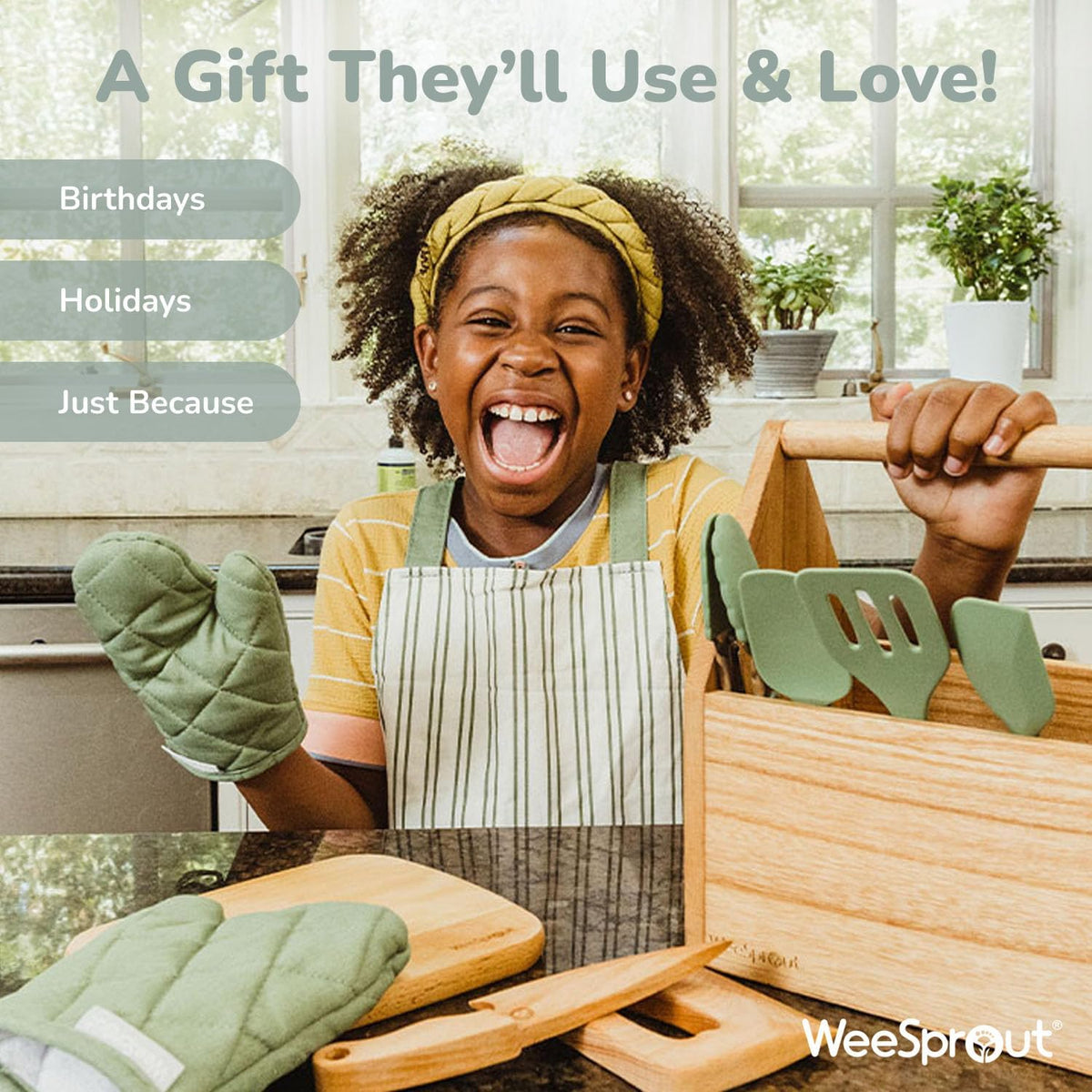 WeeSprout kids baking set in green with apron, oven mitts, rolling pin and cookie cutters - view 14