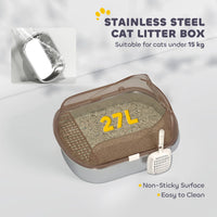 Stainless Steel Cat Litter Box with High Sided Enclosure, Steps & Scoop, Non-Sticky & Anti-Urine Leakage, Easy Cleaning