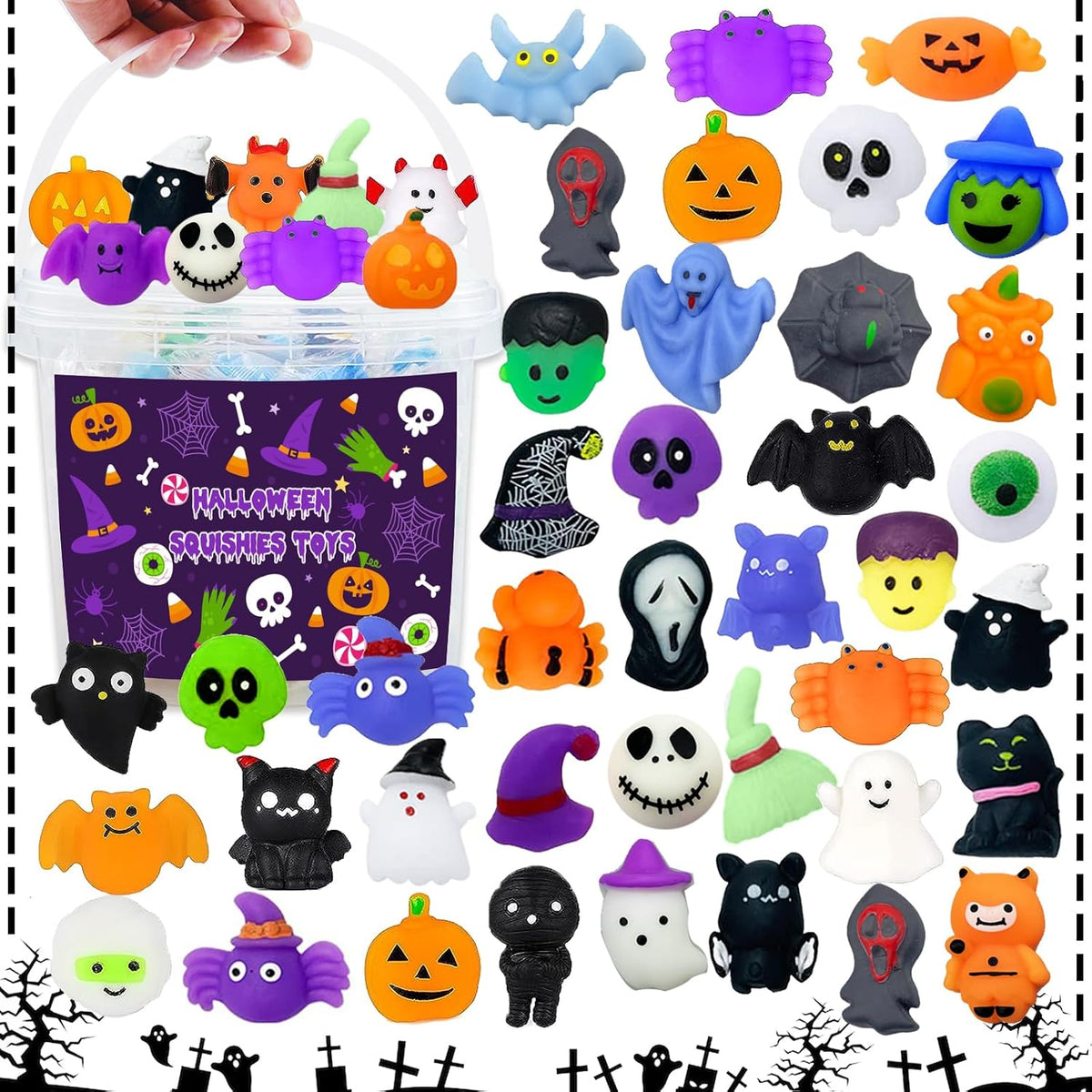 SUNPROUND 120 Halloween mochi squishy toys in pumpkin, ghost and bat shapes with bucket - view 2