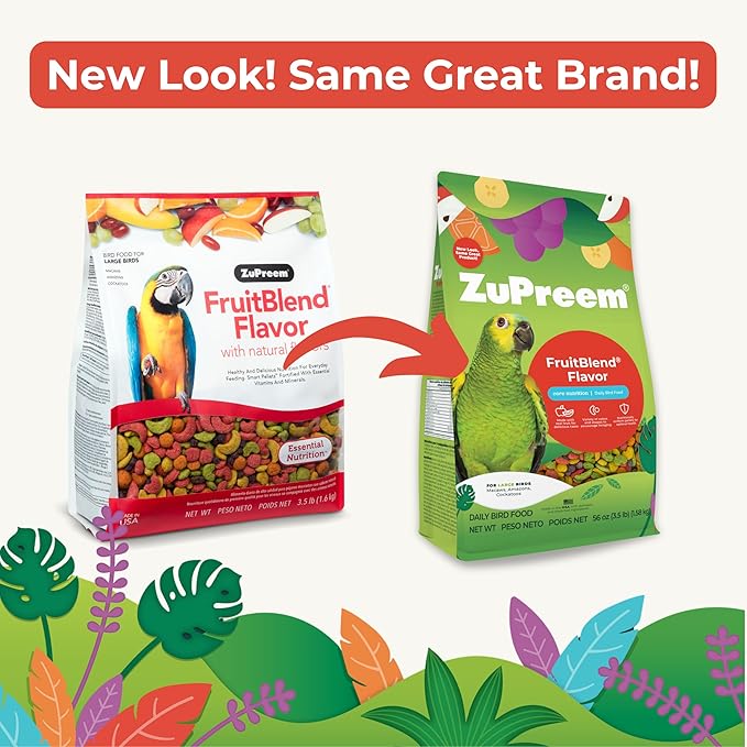 ZuPreem FruitBlend Bird Pellets, Daily Bird Food for Amazon, Cockatoo, Macaw, Core Nutrition for Large Birds, Made in USA, Pellets for Large Birds, Macaw Food (L, 3.5 lbs)