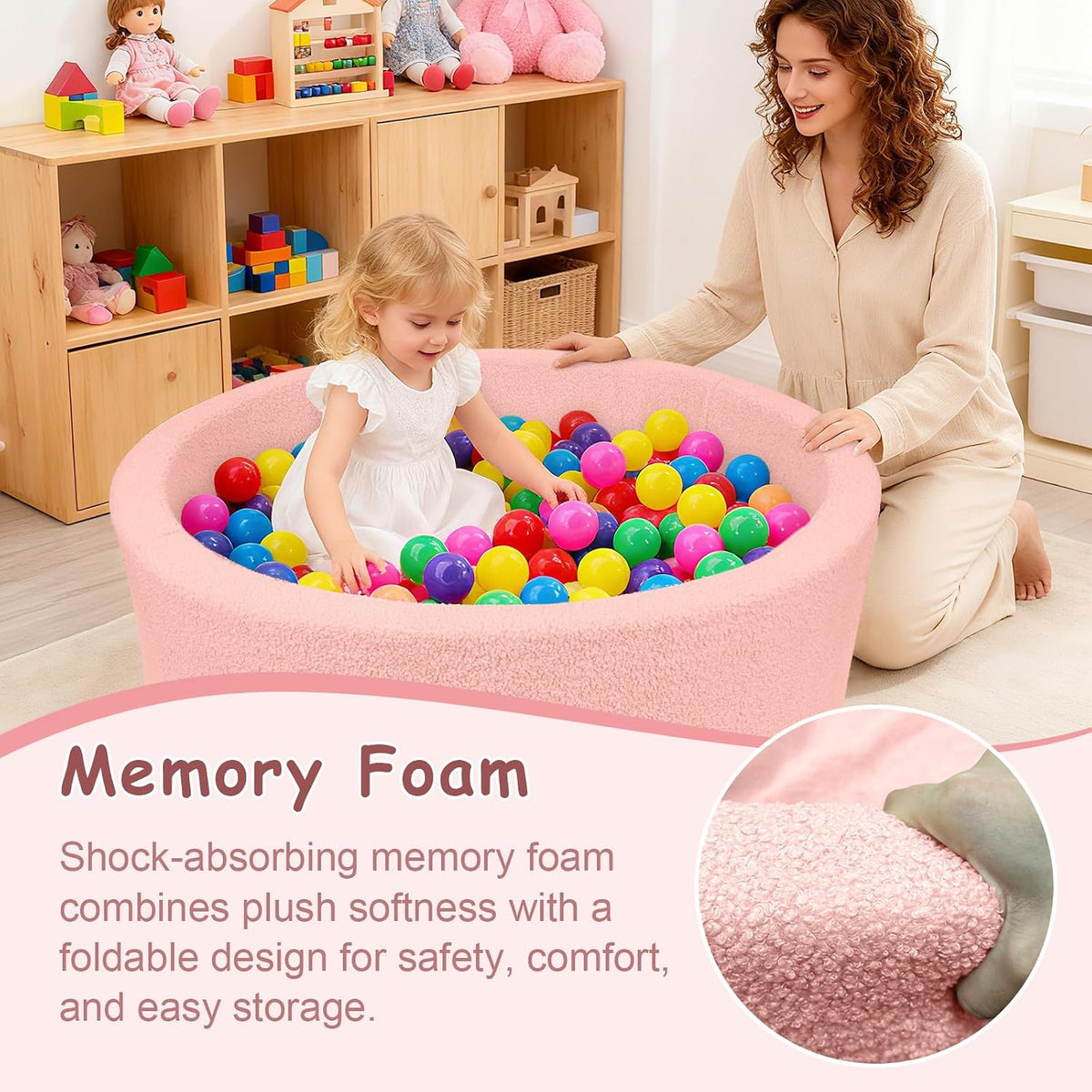 MEOGETY beige teddy fleece foam ball pit for toddlers with soft round walls - view 32
