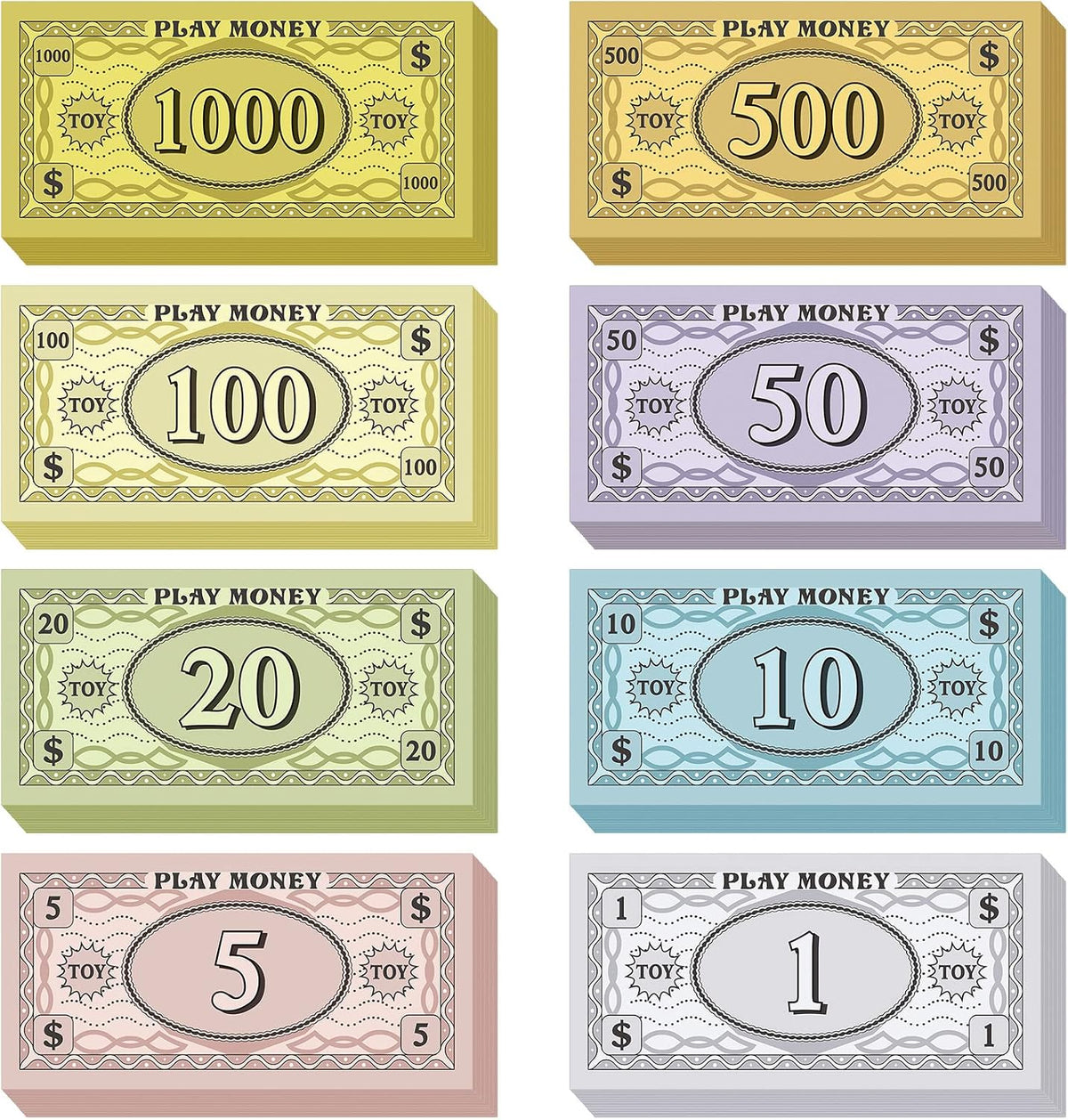 Sotiff play money for kids, 800 bills in 8 denominations