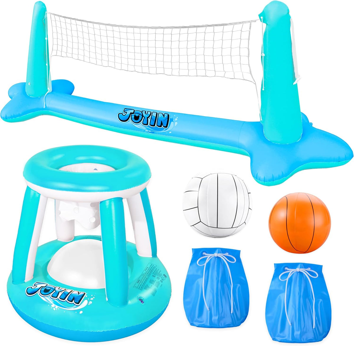 JOYIN Inflatable Pool Float Set Volleyball Net & Basketball Hoops - Blue Cyan / X-Large