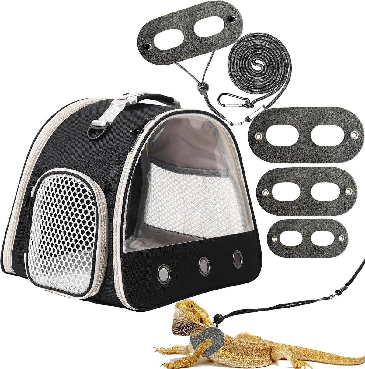 Bearded Dragon Travel Backpack with Harness and Leash Set - Black / Carrier+LSH Grey