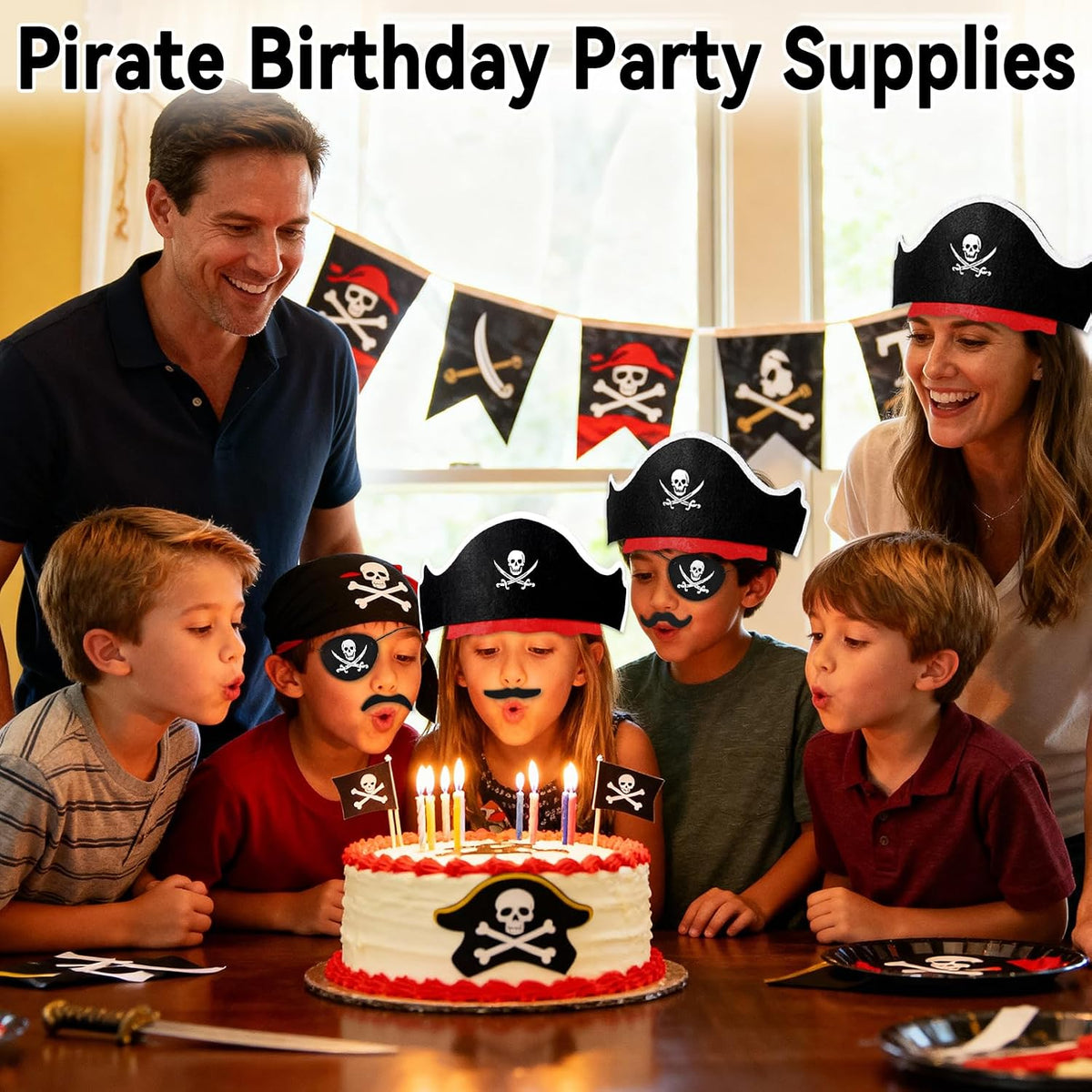 Halatool pirate party hat set with 6 felt hats, 6 skull eyepatches and 6 fake mustaches - view 16