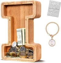 KMC wooden letter piggy bank, oak initial coin bank with clear plexiglass front