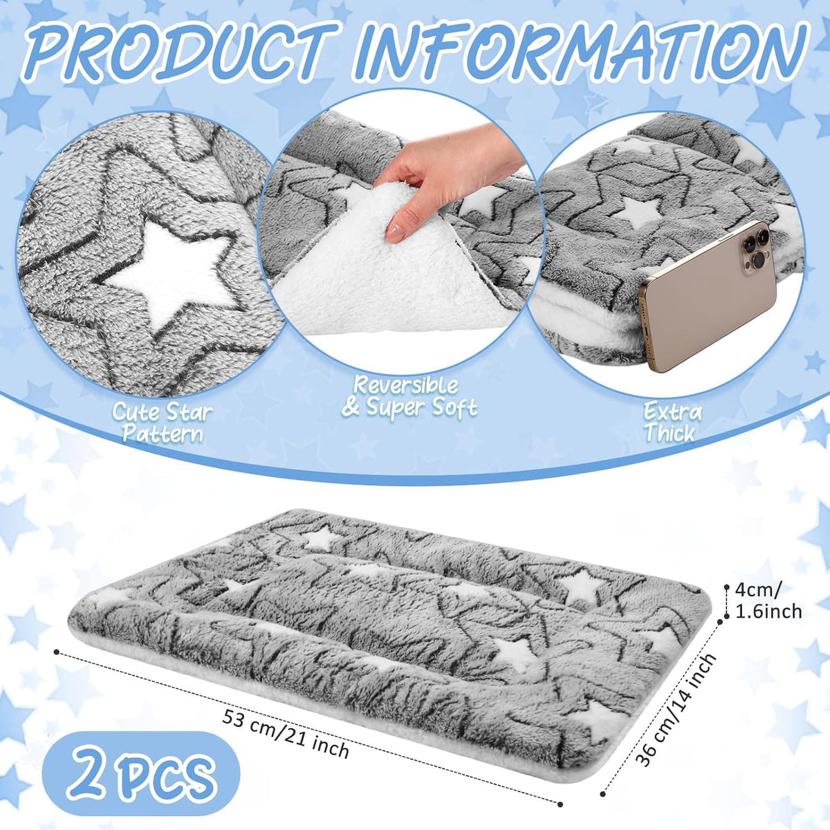 2 Pack Self Warming Cat Dog Bed Pad - Grey / 21" X 14" / Double Star - image 2