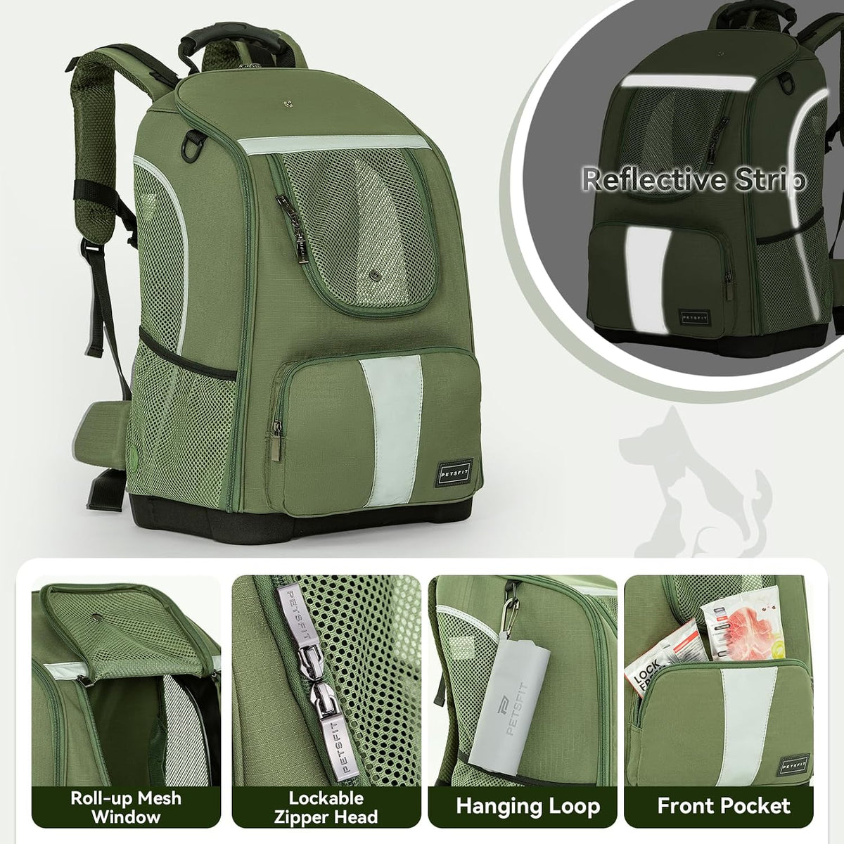 Petsfit Pet Dog Carrier Backpack with Upgraded Weight Reduction Design - 14.0"L x 9.5"W x 19.5"H / Army Green - image 4