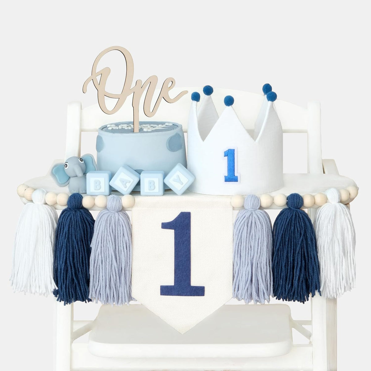 First Birthday Decorations for Boy Blue One Year Old High Chair - Navy Blue