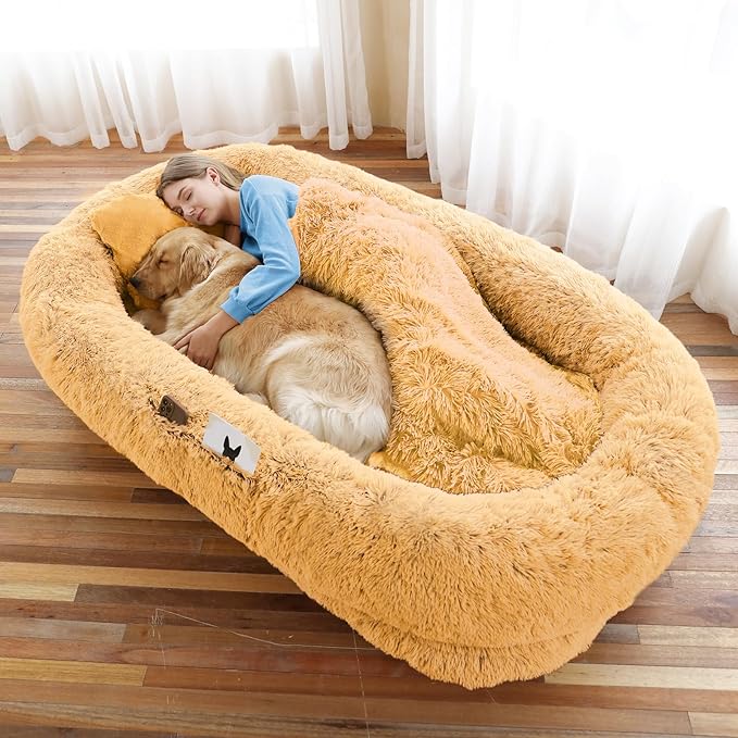 Human Dog Bed, 71''x45''x12'' Size Fits You and Pets, Washable Faux Fur Pet Bed for People Doze Off, Napping Orthopedic Dog Bed, Present Plump Pillow, Blanket, Strap - Pumpkin