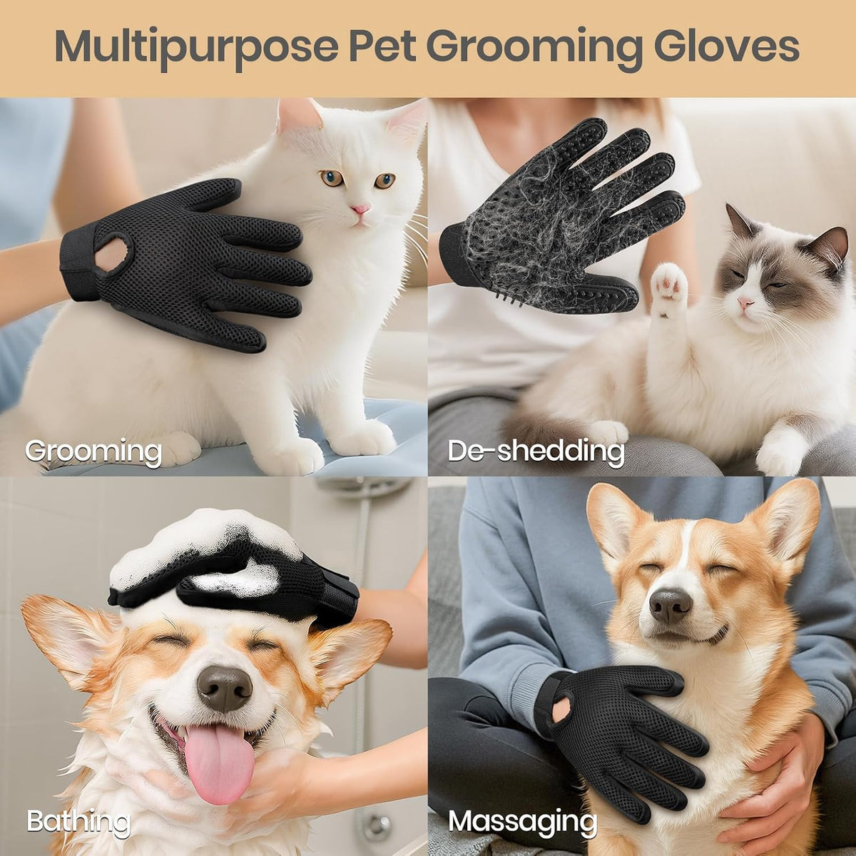 Pet Hair Removal Glove with 255 Silicone Tips for Dogs & Cats - Black - image 3