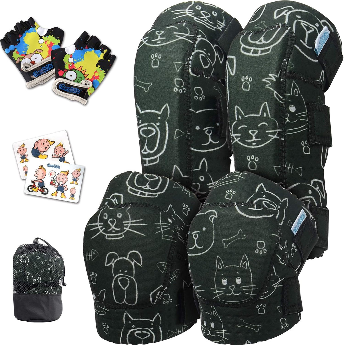 Soft-Style Kids Knee and Elbow Pads with Bike Gloves - Small / Dogcat