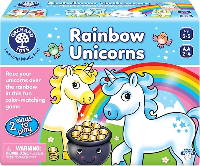 Orchard Toys Moose Games Rainbow Unicorns Game. Race Your Unicorns Over The Rainbow to a Pot of Gold in This Magical, Fun Color-Matching Game! Ages 3+ for 2-4 Players-Board Games-BIG FRENCHIES-TinyTreasures Baby Boutique