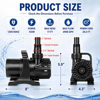 350W 7000 GPH Pond Pump, Ultra Quiet Heavy Duty Submersible Water Pump for Koi Ponds, Fountains - 2900GPH-155W - image 2