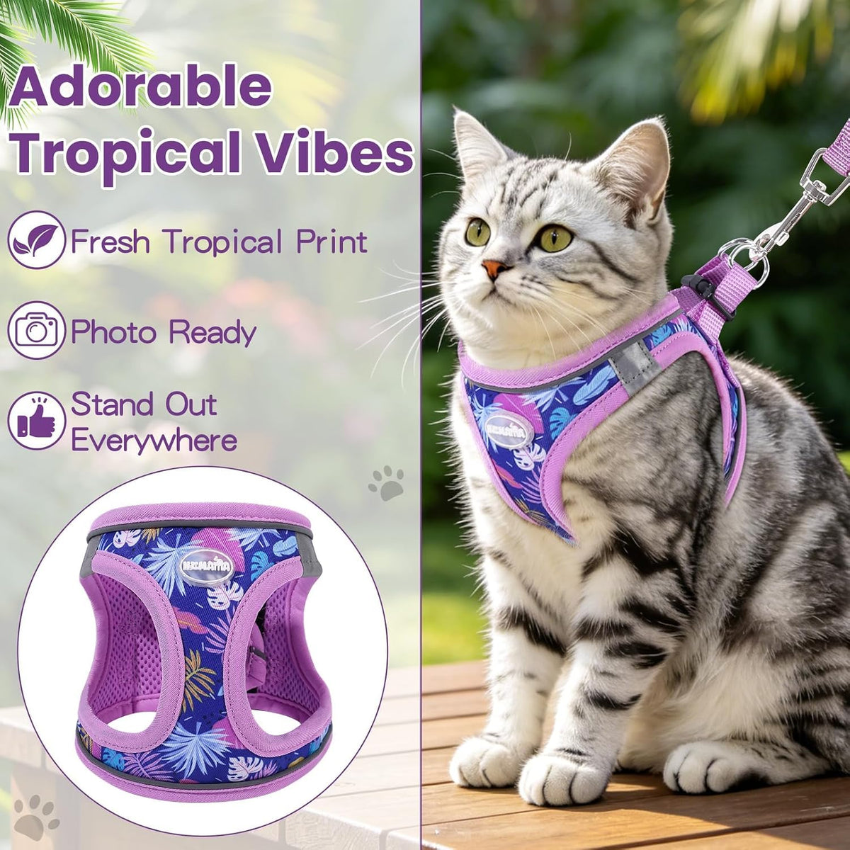 Cat Harness and Leash Set, Escape Proof Soft Vest Walk Pink XS – Essentials for Cats - Purple / Small - image 2