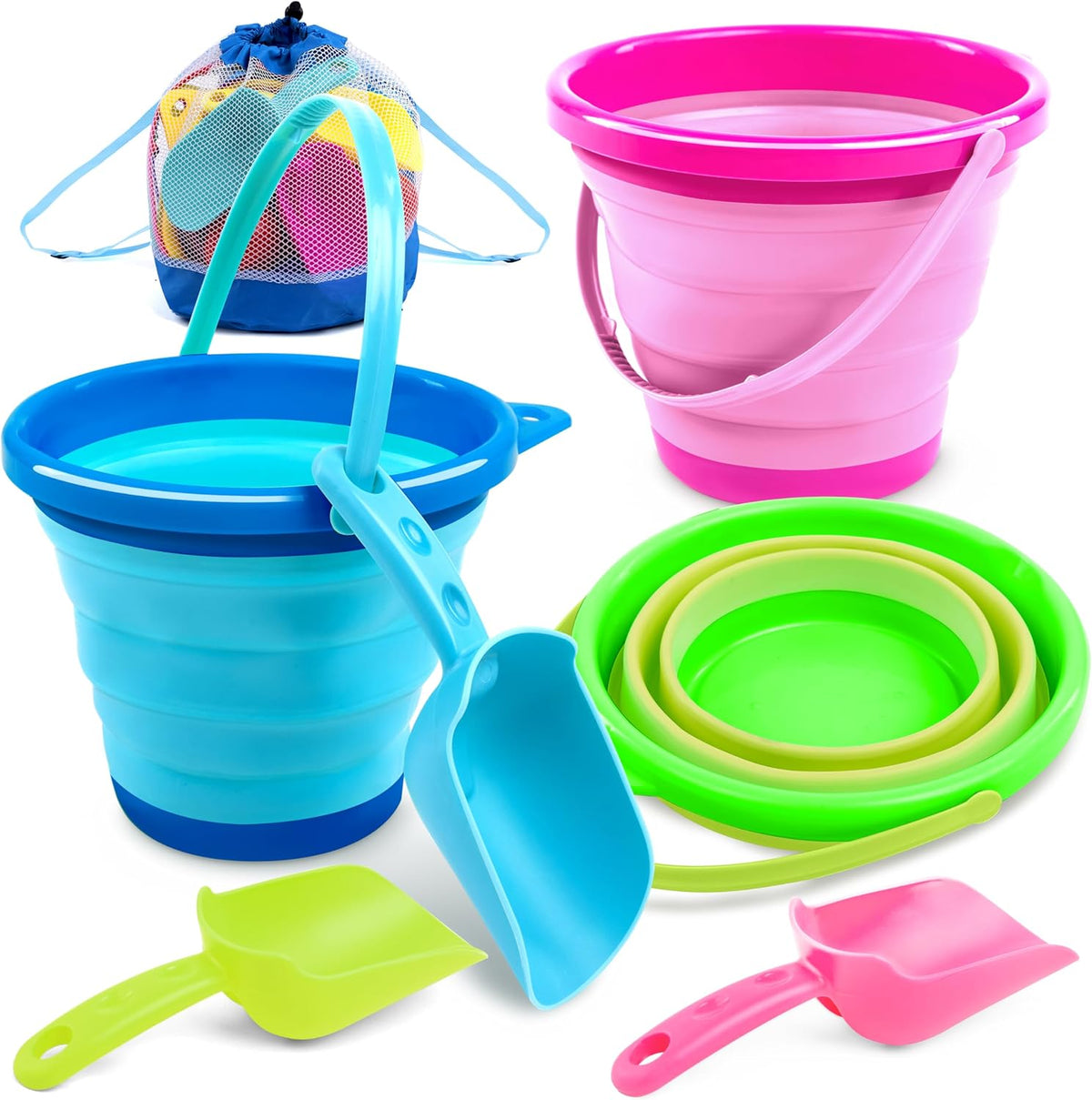 JOYIN Foldable Beach Bucket Set, Camping Gear, Travelling - Blue/Pink/Green