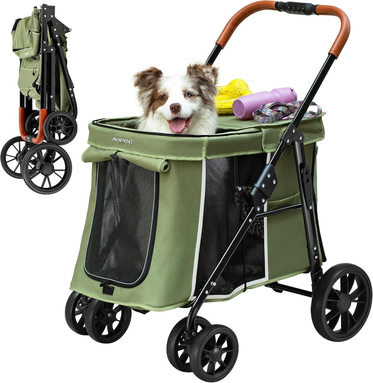 Medium Dog Stroller, Dual Entry One-Touch Folding - Green