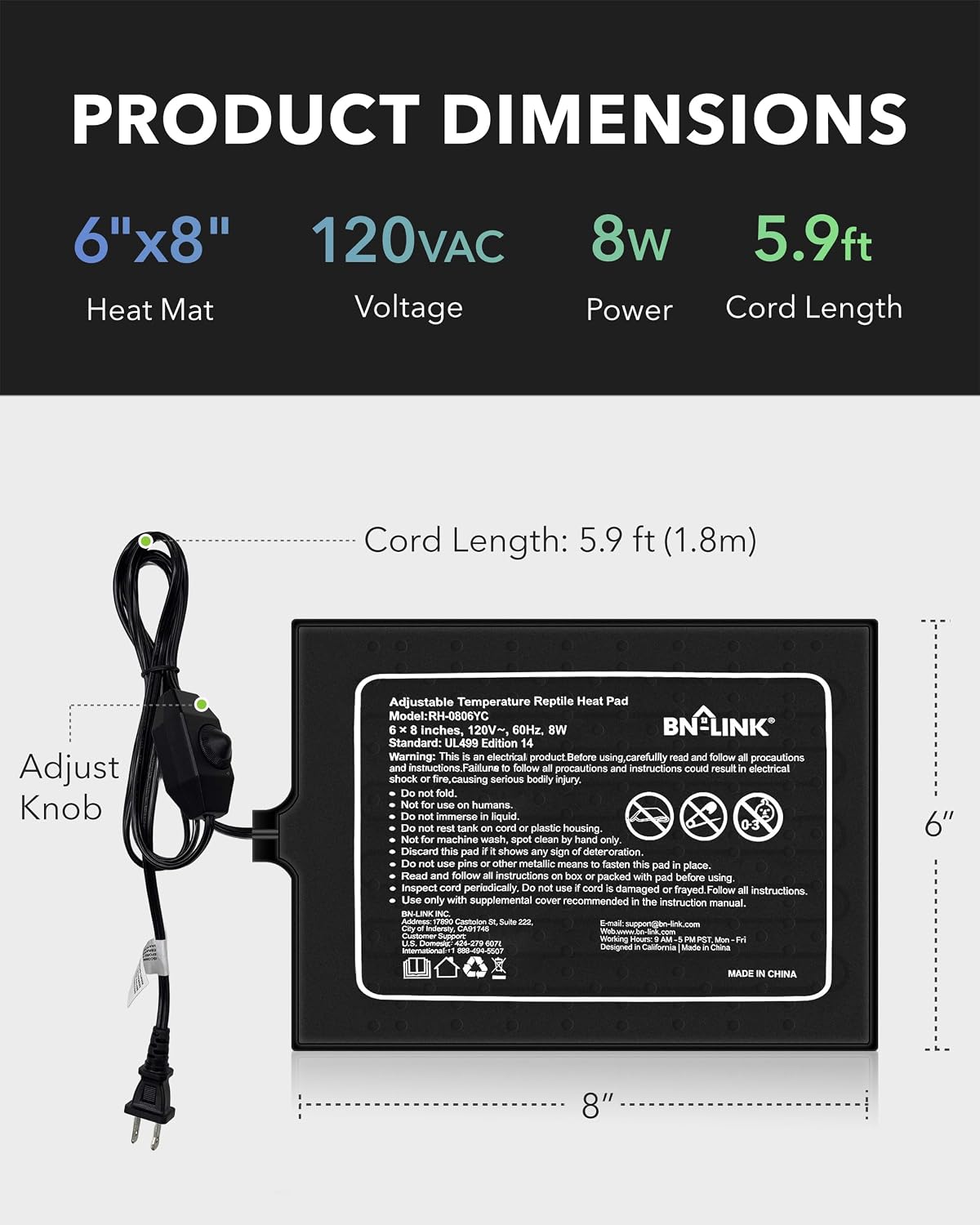 BN-LINK Reptile Heat Pad 6"X8" 8W for 10-20gal Under Tank Terrarium - 6"X 8" with Adjust Knob - image 2