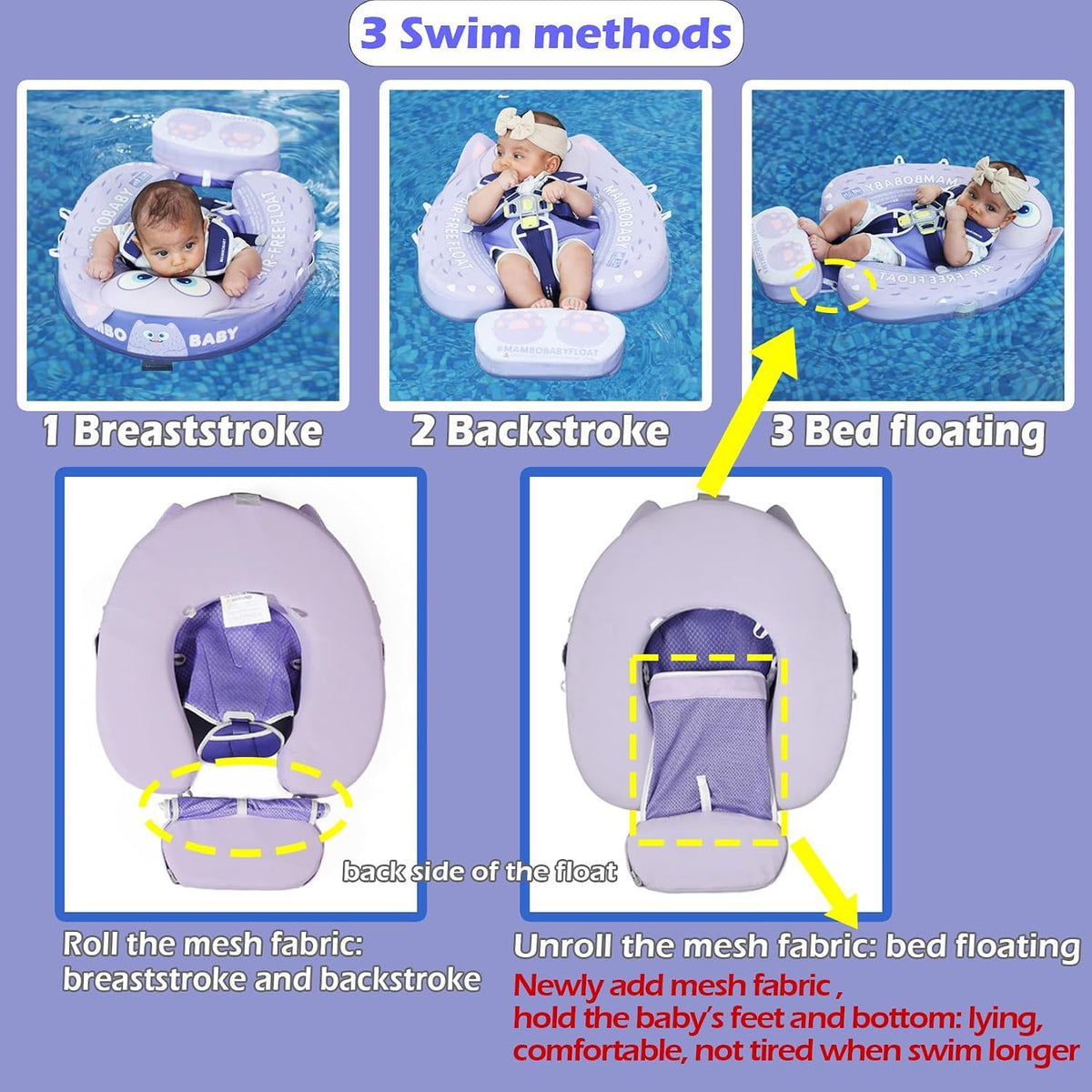 Mambobaby Float with Canopy Size Improved Non Inflatable Infant Baby - Monster Purple - image 3
