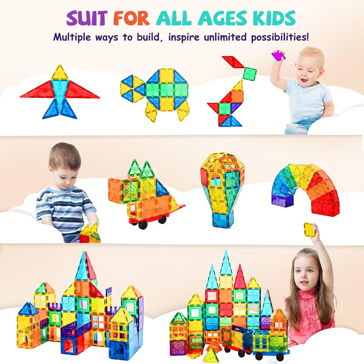 cossy 120 Pcs Magnetic Tiles, 3D Magnetic Blocks Set with 2 Cars - 220 Pieces - image 3