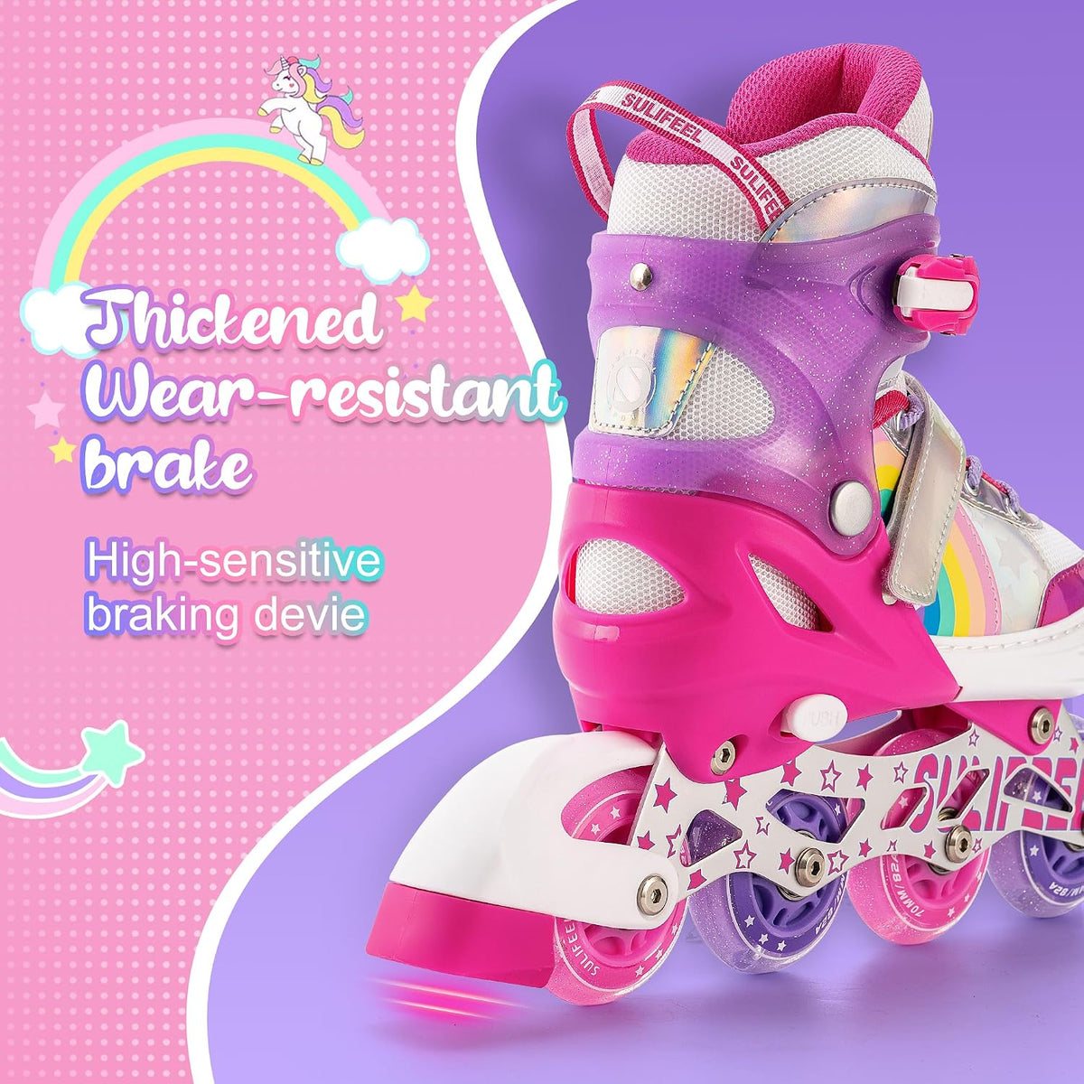 SULIFEEL Rainbow Unicorn Adjustable Kids Inline Skates for Girls Boys – Fun for Kids & Family - C Pink / Large - Youth - image 4