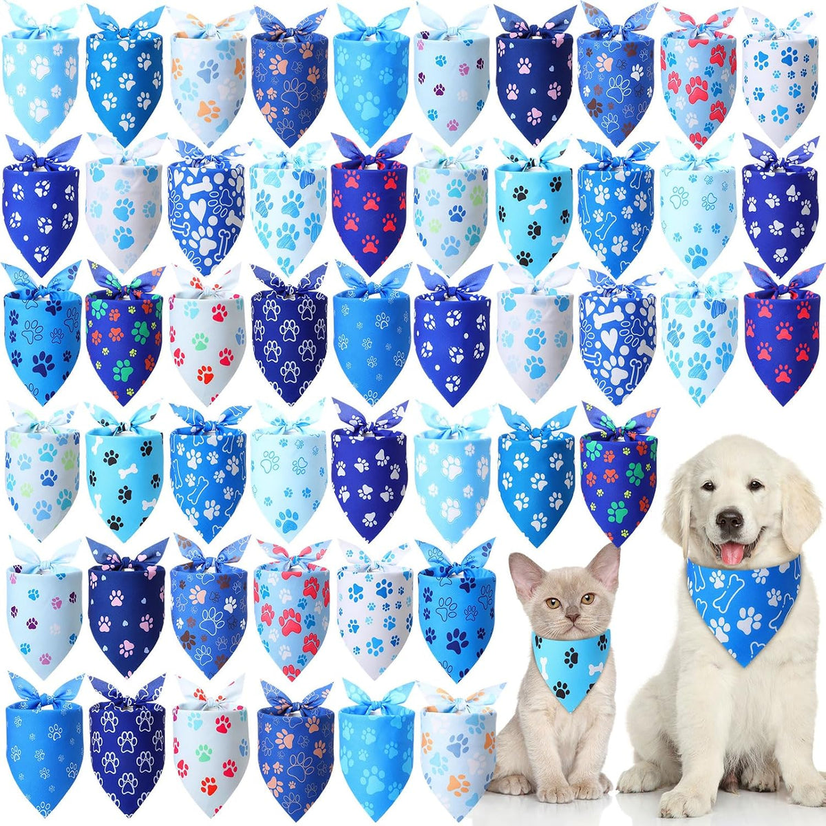 50 Pcs Halloween Dog Bandanas Bulk - 19.7 x 13.8 x 13.8 inch / Blue Paw Print / 50