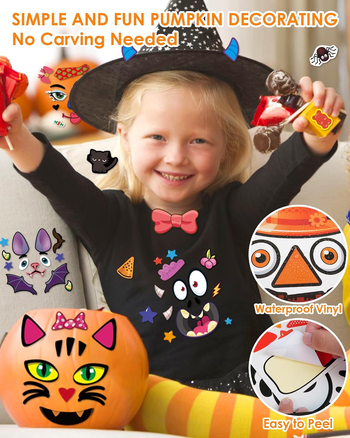 Aowplc Halloween pumpkin face stickers for kids, 32 small faces on vinyl sheets - view 12
