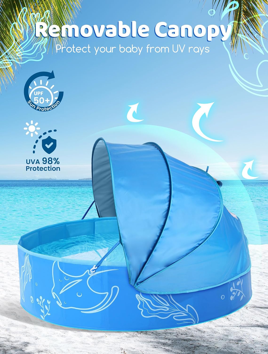 Hikiddy Foldable Kiddie Pool with Canopy: Baby Infant Toddler Kids - Blue-blue / 47in - image 4